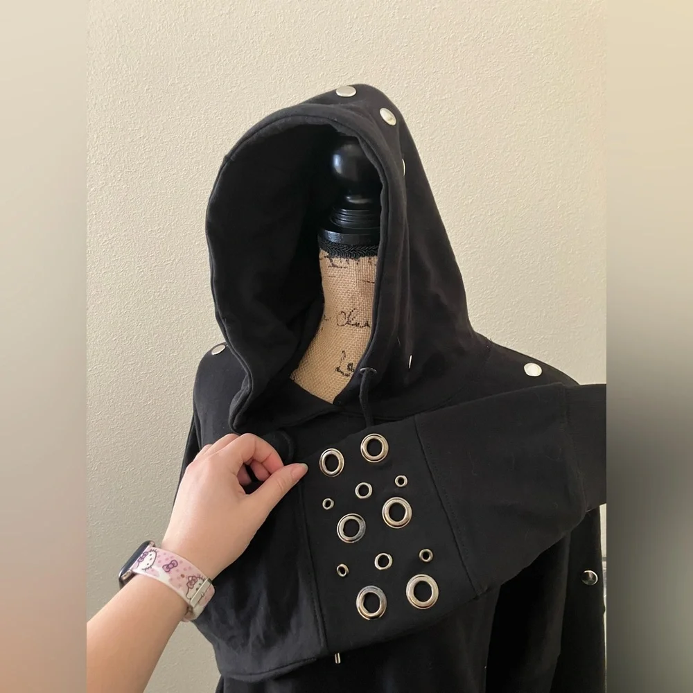 Missguided Black heavyweight long oversized Hoodie Grommet studded large 12 - Picture 5 of 6
